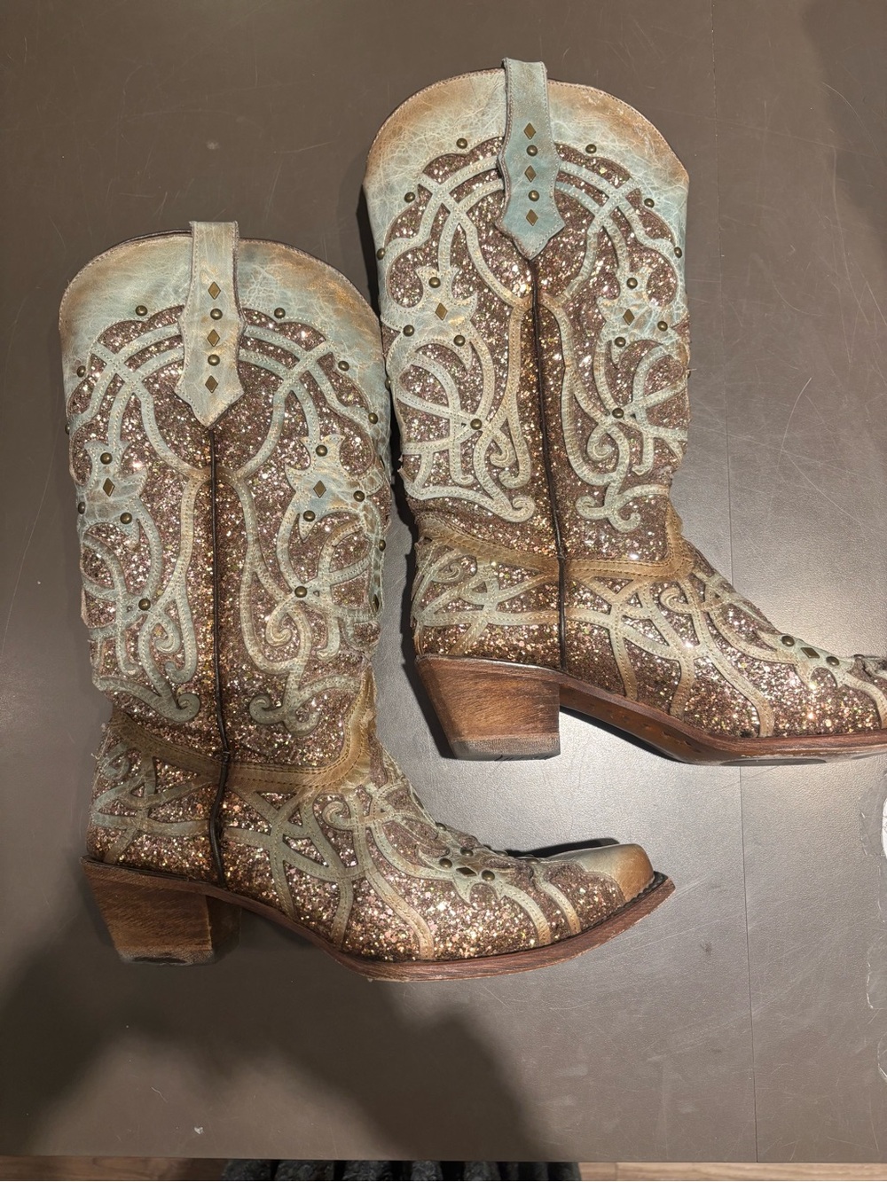 Corral Glitter Western Ankle Boots in Gold and Light Blue